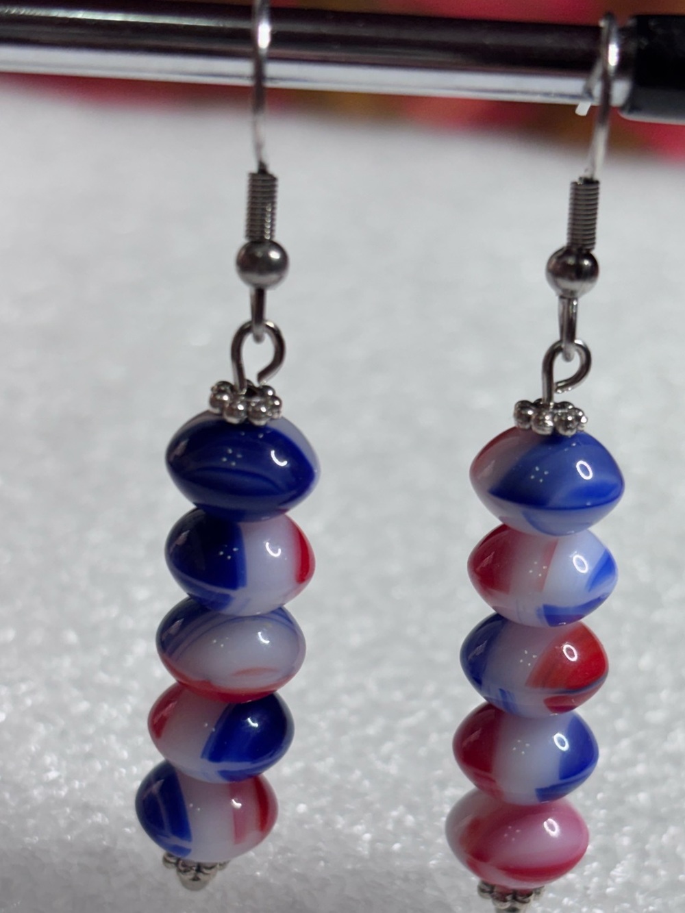 Handmade Red White Blue Stripes Beaded Dangle Earrings. 2.5 inches